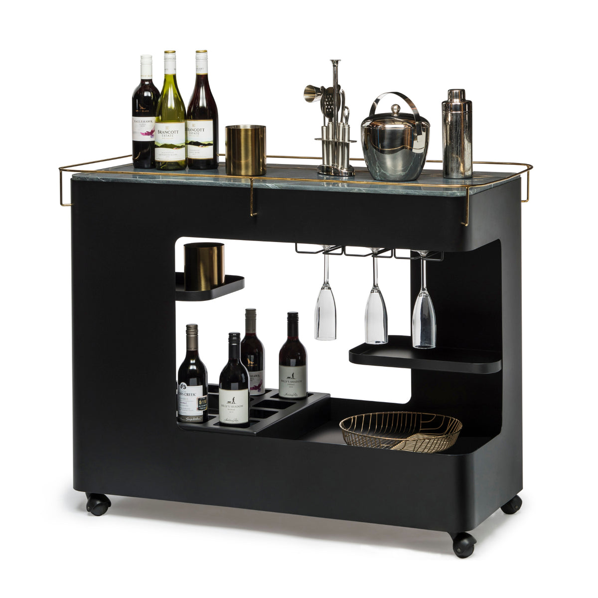 Black &amp; Gold Bar Cart with Marble Top - Wine Stash